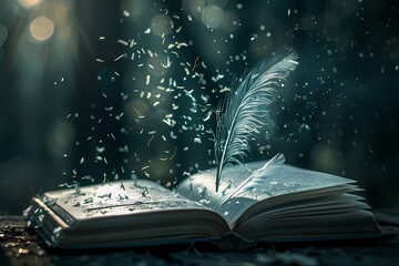 An open book with quill pen writing, feathers falling from the sky, in the fantasy style. Ai...