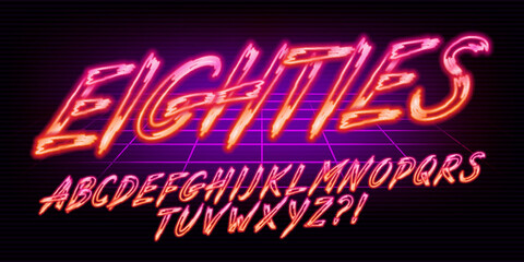 Eighties alphabet font. Glowing neon script letters and numbers. Stock vector typescript for your design.