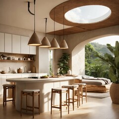 Ultra realistic  photo of Modern take on  bali inspired low ceiling small apartment white cream stone, light wood round arches interor view of kitchen with island
