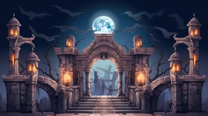 moonlit, eerie castle entrance with silhouettes, creating a mystical, haunting atmosphere - obrazy, fototapety, plakaty
