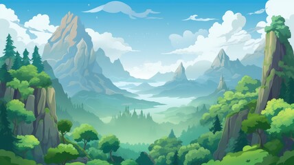 serene and vibrant cartoon landscape with lush greenery and majestic mountains under a clear blue sky - obrazy, fototapety, plakaty
