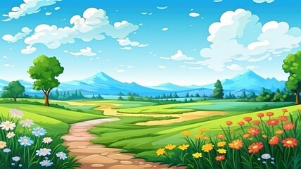 vibrant landscape with a winding path, colorful flowers, and distant mountains under a blue sky