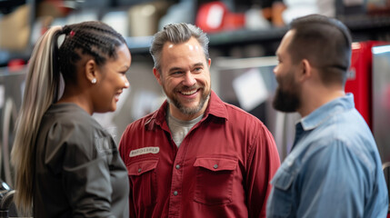 Obraz premium Car mechanic talking to a couple inside the shop lobby. Successful vehicle repairs completed.