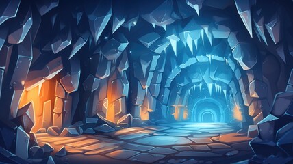 Cartoon cave with blue crystals on stone walls - obrazy, fototapety, plakaty