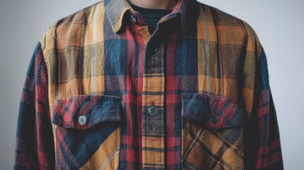 A man is wearing a plaid shirt with a button on the front