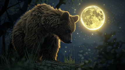bear under a full moon - obrazy, fototapety, plakaty