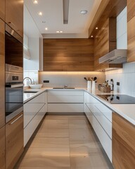 Elegant Wood Accented Minimalist Kitchen with State-of-the-Art Appliances. 