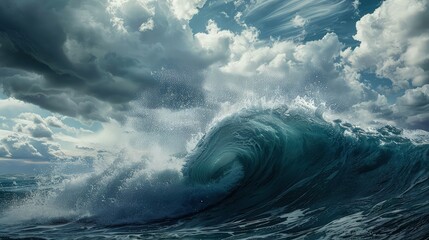 waves storm in water with cloudy sky background 