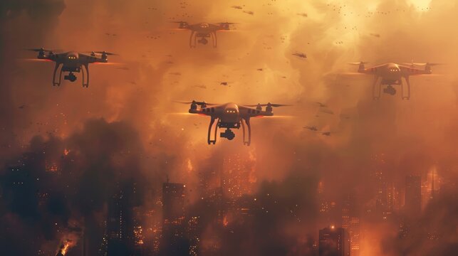 A group of drones flying over a city in a war zone