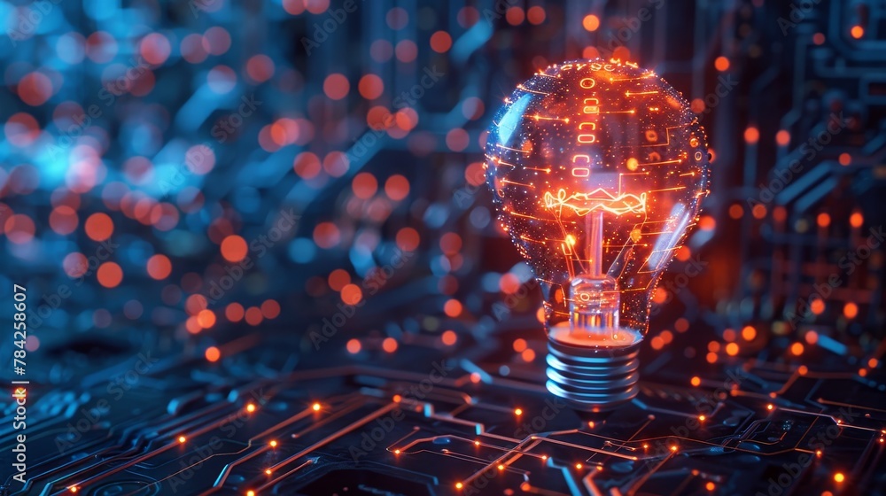 Poster technology and innovation: a 3d vector illustration of a glowing lightbulb surrounded by digital cir