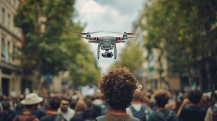A crowd of people are watching a drone fly over them - Powered by Adobe