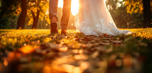 Golden hour glow on a romantic wedding stroll. Generative AI