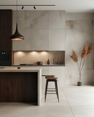 Obraz premium Capture the serenity of this minimalist kitchen, adorned with neutral tones, subtle textures, and a sleek island bar, complemented by modern pendant lighting and a touch of natural decor.
