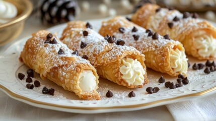 A plate of four pastries with powdered sugar and chocolate chips on top - obrazy, fototapety, plakaty