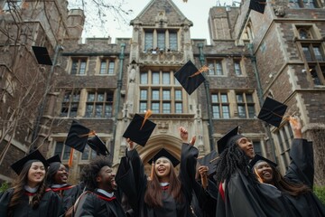 Obraz premium A group of diverse graduates in cap and gown, celebrating, with a historical university building in the background.