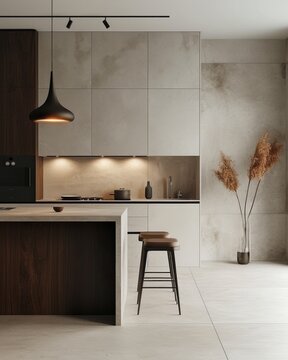  Capture the serenity of this minimalist kitchen, adorned with neutral tones, subtle textures, and a sleek island bar, complemented by modern pendant lighting and a touch of natural decor.