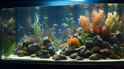 {A photorealistic image depicting an aquarium filled with a variety of fish species. The scene captures the underwater environment with detailed aquatic plants, rocks, and substrate. The fish exhibit 