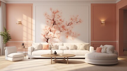 An elegant living room featuring a plush white sofa against a delicate peach 3D wall, evoking a sense of tranquility and comfort.