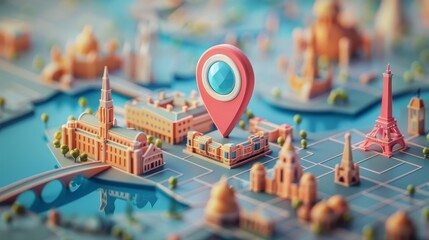 Travel Destination: A 3D vector illustration of a map with a pin highlighting a popular travel destination - obrazy, fototapety, plakaty