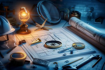 Super Realistic Image of a Civil Engineer's Blueprint, Surrounded by a Compass, Safety Helmet, and...