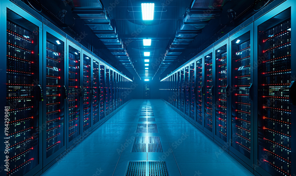 Poster futuristic data center server room with neon lights and digital data streams flowing through high-te