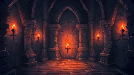 Castle dungeon interior with stone brick walls and torches, mystical chamber, lit by torches, with a figure in a glowing archway, inviting adventure - obrazy, fototapety, plakaty
