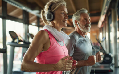 A woman with short blonde hair wearing pink fitness attire is running on a treadmill in front of her husband who has a gray beard.