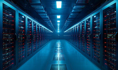 Futuristic Data Center Server Room with Neon Lights and Digital Data Streams Flowing Through High-Tech Network Racks