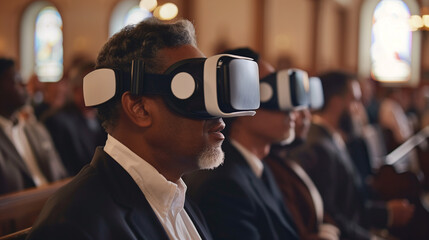 Church congregation in VR goggles during service on Sunday.