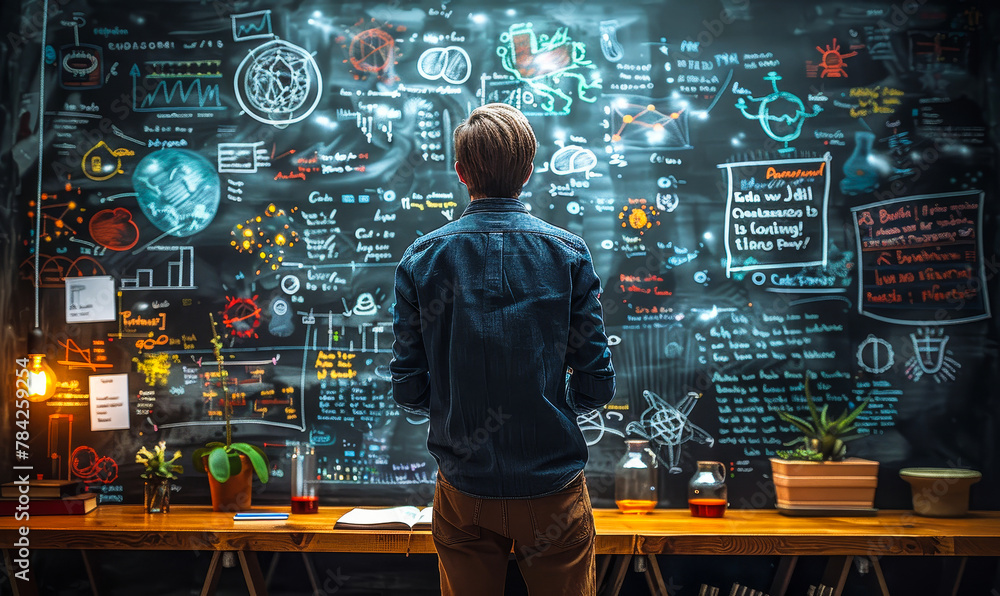 Poster man brainstorming problem solutions on chalkboard, creative thinking process in science and educatio