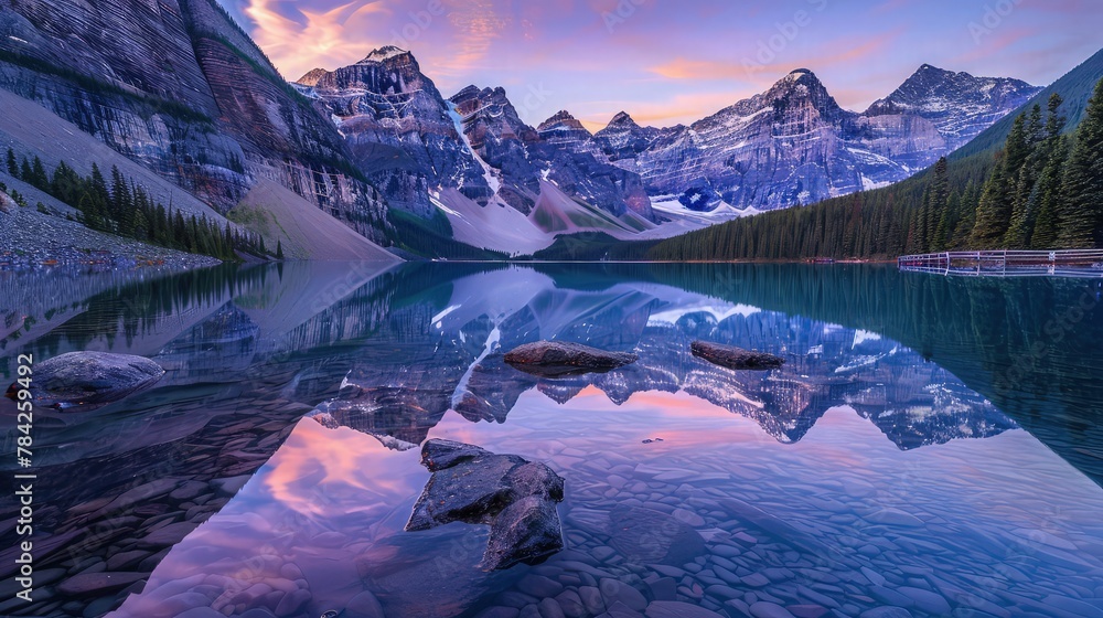 Poster a mesmerizing view of a mountain range reflected in a serene lake, the reflection enhancing the rugg
