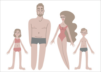 Flat Nordic family: man, woman and children in underwear portraits of different shapes and sizes vector illustration set. Pale skin people with blond hair in cartoon style for multinational and