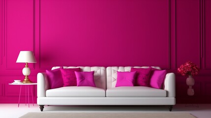 An elegant living room adorned with a pristine white sofa against a dynamic fuchsia 3D wall, exuding sophistication. - obrazy, fototapety, plakaty