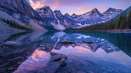 A mesmerizing view of a mountain range reflected in a serene lake, the reflection enhancing the ruggedness of the mountains and the softness of the sky above. The scene conveys a sense of tranquility  - obrazy, fototapety, plakaty