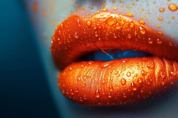 Wet orange lips with water droplets close up are a powerful expression of beauty and sensuality. 