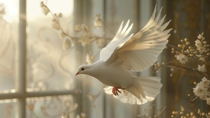 An artistic representation of a white dove in flight, symbolizing peace and reconciliation following a conflict or argument, often used in themes of harmony and unity. - obrazy, fototapety, plakaty