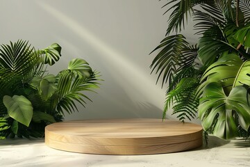 Obraz premium Beautiful round wooden empty podium for product stage, mockup product display