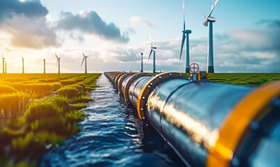 Renewable energy transition concept - hydrogen gas pipeline stretching towards wind turbine farm on sunny day, representing shift from fossil fuels to clean, sustainable hydrogen energy