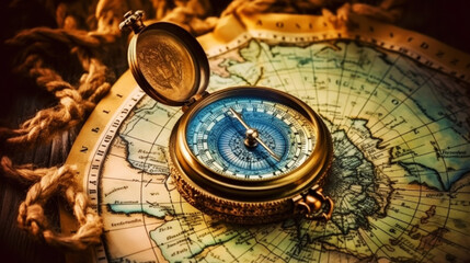 Fototapeta na wymiar Photo of a vintage compass lying on ancient maps. The atmosphere of travel and adventure. Generative AI