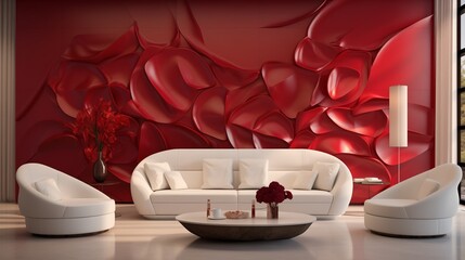 An elegant lounge area adorned with a sleek white sofa, complemented by a striking ruby 3D wall design.