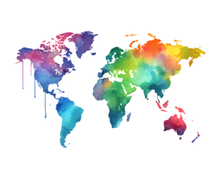 Light grunge watercolor world map isolated on white and transparent background