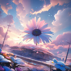 anime - style painting of a flower in a field with a sky background