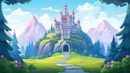 whimsical castle atop hills, surrounded by greenery and mountains under a serene sky - obrazy, fototapety, plakaty