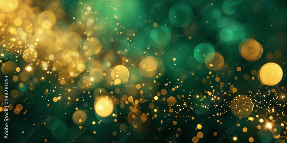 Poster golden bokeh lights on a deep green background in soft focus