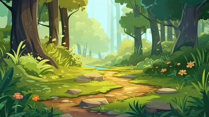 serene and vibrant cartoon forest path, alive with blooming flowers and towering trees.