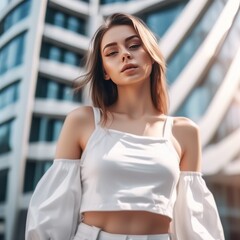 Photo of adorable pretty shiny girl dressed white crop top posing against modern architecture big city sunny spring or summer.