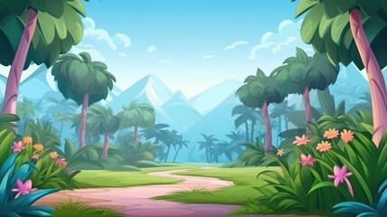 Fototapeta premium serene forest path, inviting adventure with lush greenery and vibrant flowers