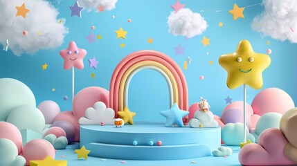 Babys Dreamy Rainbow and Stars Celebration on a Pastel Blue Podium