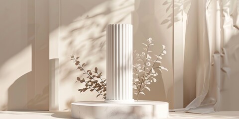 Serene Afternoon Light Casting Shadows on a White Column Podium With Decorative Plant