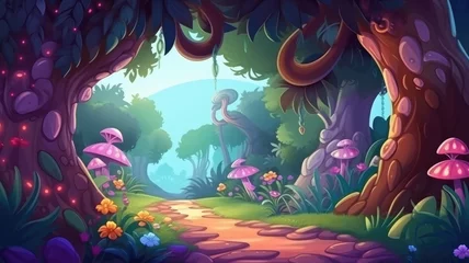 Fotobehang whimsical forest path lined with mystical trees and glowing mushrooms, radiating an enchanting serenity © chesleatsz